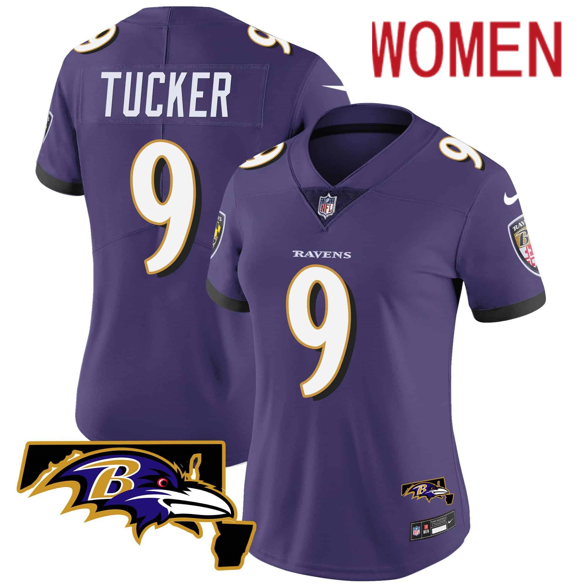 Women Baltimore Ravens #9 Tucker Purple 2024 Nike Maryland Patch Vapor Limited NFL Jersey style 1
